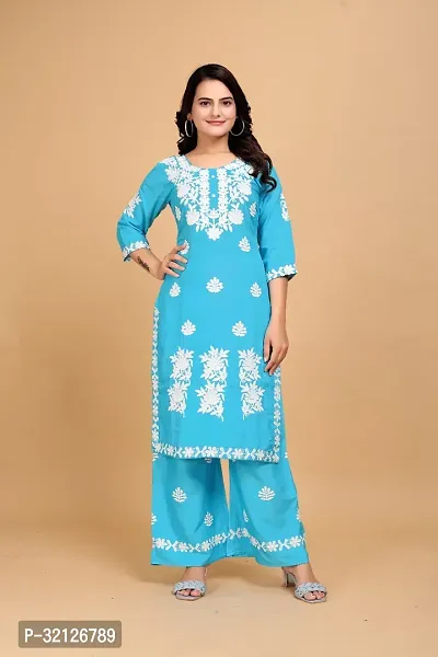 Stylish Blue Rayon Embroidered Kurta Bottom Set For Women-thumb0