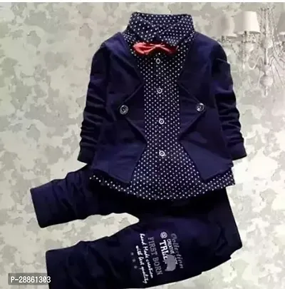Fabulous Navy Blue Cotton Blend Printed Coat Shirt with Trousers For Boys-thumb0