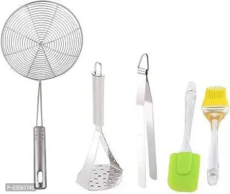 Goods And Fleet Kitchen Tools Combo of Stainless Steel Deep Fry Strainer, Stainless Steel Pav Bhaji Masher and Stainless Steel Roti Chimta Tong and Silicon and Brush and Spatula Set |Silver|