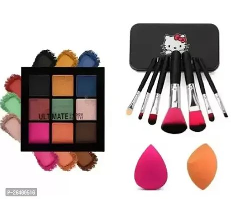 9 Pop Colors Eyeshadow Palette 7 Pcs Brushes 2 Pc Puffs