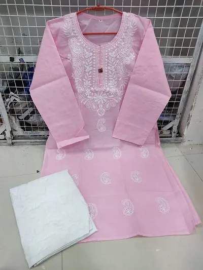 Reliable Pink Chikankari Cotton Kurta with Bottom Set For Women