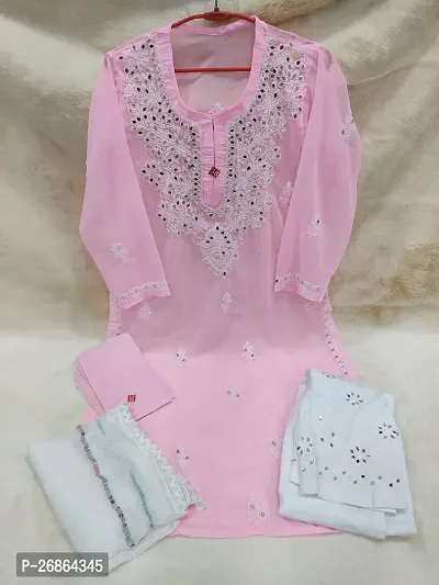Elegant Baby Pink Chikankari Chiffon Kurta Inner with Bottom And Dupatta Set For Women-thumb0