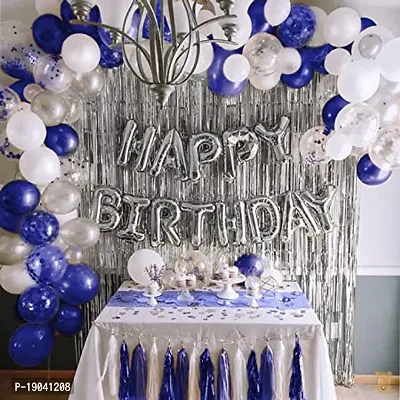 Set of 45 Pcs Happy Birthday Decoration Kit Combo For Boys Girls / Husband Wife / Brother Sister/ Father Mother / friend - Happy Birthday Letters , Silver Curtains , Black, Blue  Silver Theme Metalli