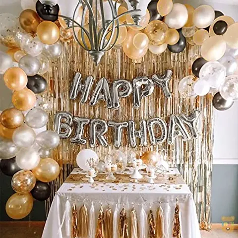 Set of 45 Pcs Happy Birthday Decoration Kit Combo For Boys Girls / Husband Wife / Brother Sister/ Father Mother / friend - Happy Birthday Letters , Golden Curtains , Black, Gold  Silver Theme Metalli