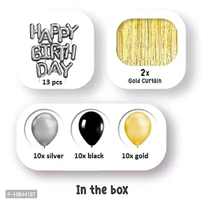 Set of 45 Pcs Happy Birthday Decoration Kit Combo For Boys Girls / Husband Wife / Brother Sister/ Father Mother / friend - Happy Birthday Letters , Golden Curtains , Black, Gold  Silver Theme Metalli-thumb3