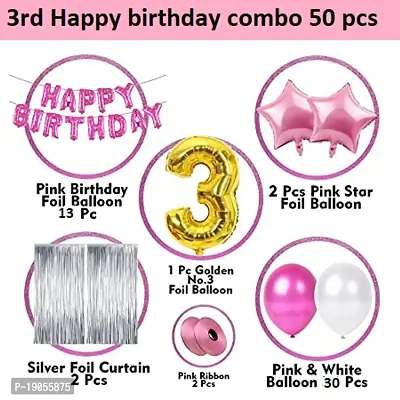 3rd Birthday Decoration Items For Girls With Silver Foil curtains - 50Pcs Third Birthday Decoration - 3rd Birthday Party Decorations,Birthday Decorations kit for Girls 3rd birthday/ Baby Birthday Deco-thumb2