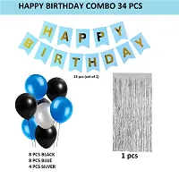 Blue With Silver Happy Birthday Decoration Items Kit Combo Set Birthday Bunting Silver Foil Curtain Metallic Balloons - 34 pieces-thumb1