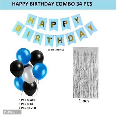 Blue With Silver Happy Birthday Decoration Items Kit Combo Set Birthday Bunting Silver Foil Curtain Metallic Balloons - 34 pieces-thumb2