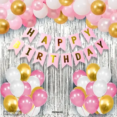 Happy Birthday Decorations For Girls Combo Set Pink White Gold Metallic Balloons Happy Birthday Bunting Foil Curtain Girls Women 1St 2Nd Combo 34 Pcs-thumb0