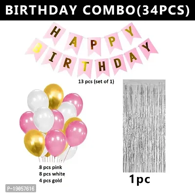 Happy Birthday Decorations For Girls Combo Set Pink White Gold Metallic Balloons Happy Birthday Bunting Foil Curtain Girls Women 1St 2Nd Combo 34 Pcs-thumb2
