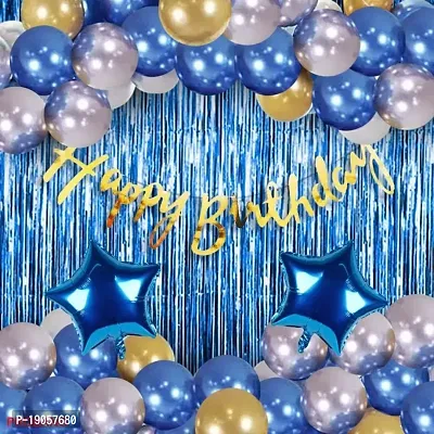 Happy Birthday Decorations for Boys- 41 Pcs Birthday Decoration Items / Golden Foil Banner, Blue Foil Curtain,Star Foil Balloons, metallic balloons for happy birthday decoration kit for boys, kids,-thumb0