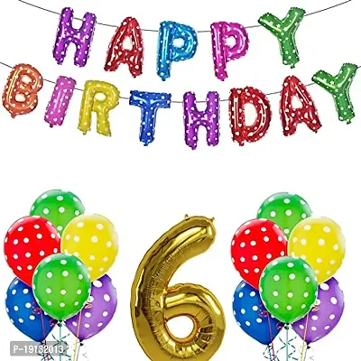 Happy Birthday Decoration Kit Combo - 23Pcs Multicolor 6th Birthday Decoration Combo For Kids With Polka Dotted Balloons, Birthday Foil Balloons, No.6 Golden Foil Balloons
