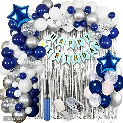 Dark Blue With Silver Happy Birthday Decoration Wife and Husband Items Kit Combo Set Birthday Bunting Silver Foil Curtain Metallic Confetti Balloons With Hand Balloon Pump And Glue Dot - 50 pieces-thumb0