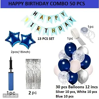 Dark Blue With Silver Happy Birthday Decoration Wife and Husband Items Kit Combo Set Birthday Bunting Silver Foil Curtain Metallic Confetti Balloons With Hand Balloon Pump And Glue Dot - 50 pieces-thumb3