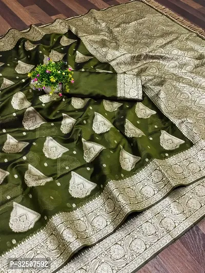 Stylish Olive Organza Saree With Blouse Piece For Women-thumb0