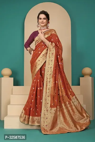 Stylish Brown Cotton Silk Saree With Blouse Piece For Women-thumb0