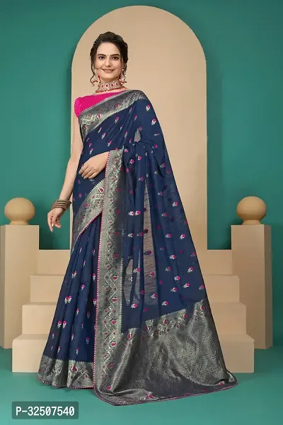 Stylish Navy Blue Cotton Silk Saree With Blouse Piece For Women-thumb0