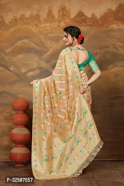 Stylish Cream Organza Saree With Blouse Piece For Women-thumb3