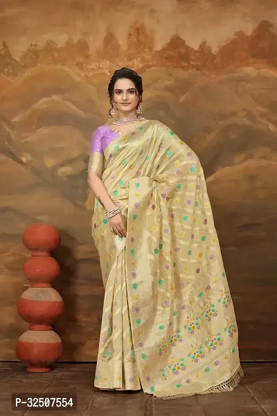 Stylish Cream Organza Saree With Blouse Piece For Women-thumb0