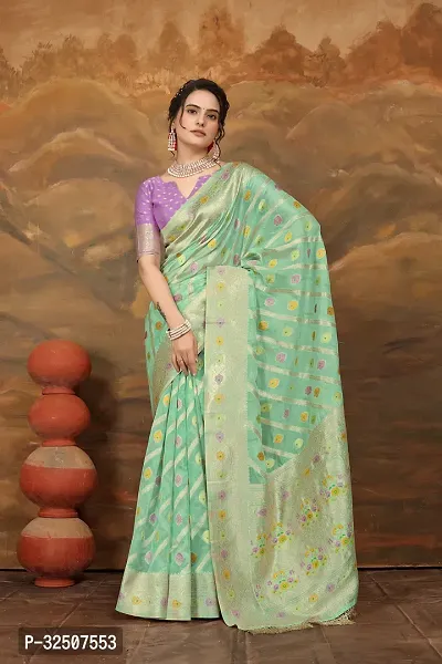 Stylish Green Organza Saree With Blouse Piece For Women-thumb0