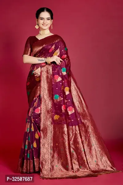 Stylish Purple Organza Saree With Blouse Piece For Women-thumb0