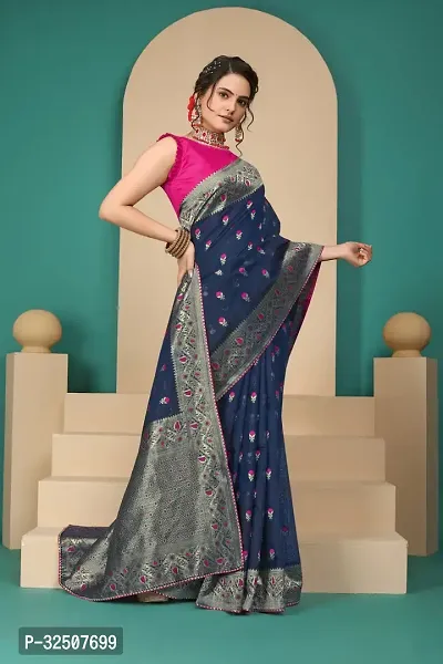 Stylish Navy Blue Art Silk Saree With Blouse Piece For Women-thumb4