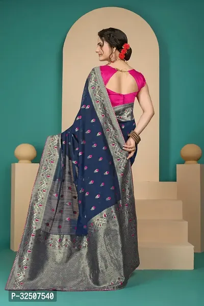 Stylish Navy Blue Cotton Silk Saree With Blouse Piece For Women-thumb3