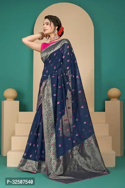 Stylish Navy Blue Cotton Silk Saree With Blouse Piece For Women-thumb2