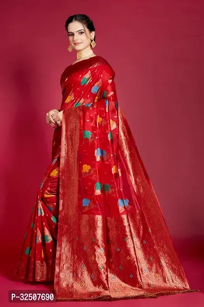 Stylish Red Organza Saree With Blouse Piece For Women-thumb3