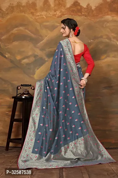 Stylish Grey Cotton Silk Saree With Blouse Piece For Women-thumb3