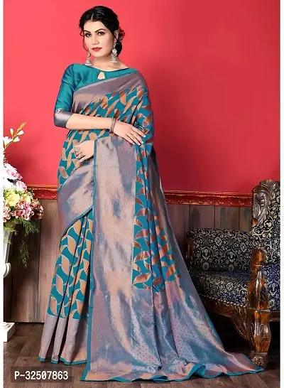 Stylish Teal Art Silk Saree With Blouse Piece For Women