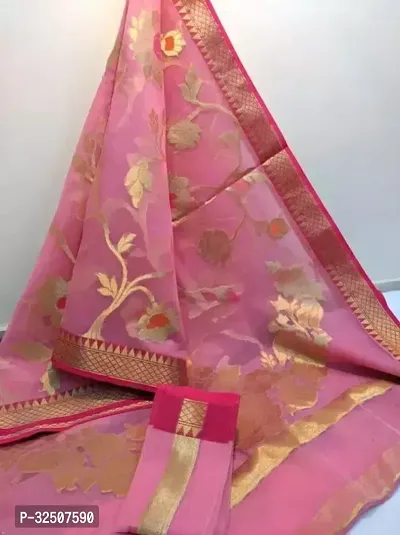 Stylish Pink Organza Saree With Blouse Piece For Women-thumb0