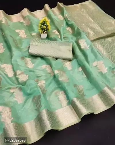 Stylish Green Organza Saree With Blouse Piece For Women-thumb0