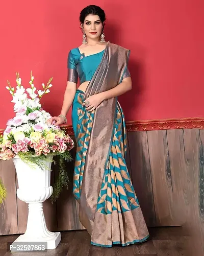 Stylish Teal Art Silk Saree With Blouse Piece For Women-thumb2