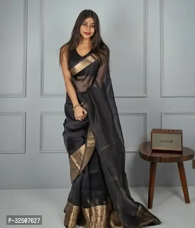 Stylish Black Organza Saree With Blouse Piece For Women-thumb2