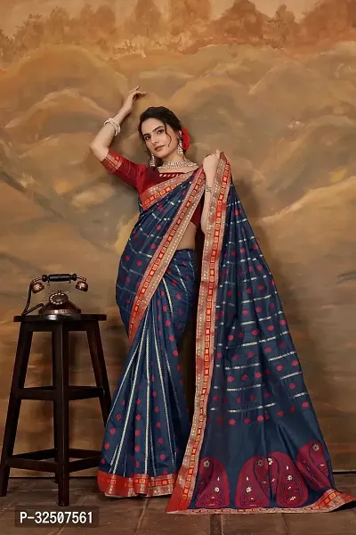 Stylish Navy Blue Art Silk Saree With Blouse Piece For Women-thumb3