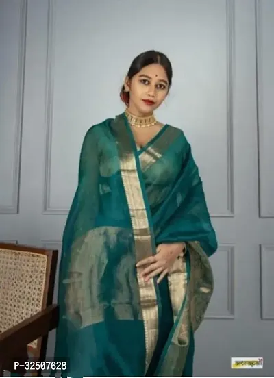 Stylish Green Organza Saree With Blouse Piece For Women-thumb0