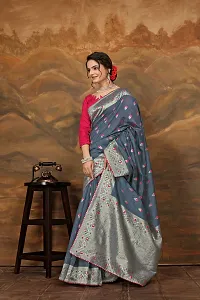 Stylish Grey Cotton Silk Saree With Blouse Piece For Women-thumb1