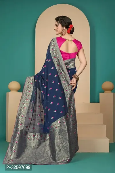 Stylish Navy Blue Art Silk Saree With Blouse Piece For Women-thumb2