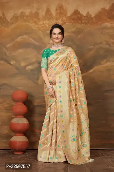 Stylish Cream Organza Saree With Blouse Piece For Women-thumb0