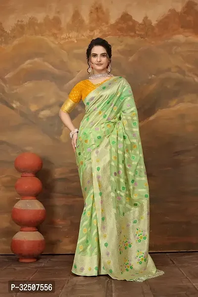 Stylish Light Green Organza Saree With Blouse Piece For Women