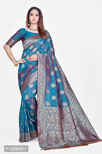 Stylish Teal Art Silk Saree With Blouse Piece For Women