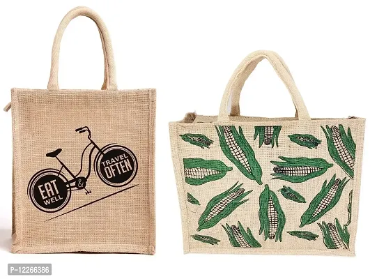 AMEYSON Cycle  Corn Design Jute Bag with Zip Closure | Tote Lunch Bag | Multipurpose Bag (2)
