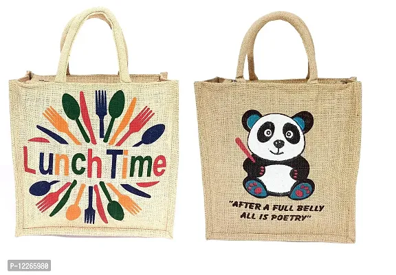 AMEYSON Panda Design  Lunch Time Jute Bag with Zip Closure | Tote Lunch Bag | Multipurpose Bag (2)