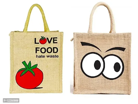AMEYSON Food & Emoji Design Jute Bag with Zip Closure | Tote Lunch Bag | Multipurpose Bag (Pack of 2)