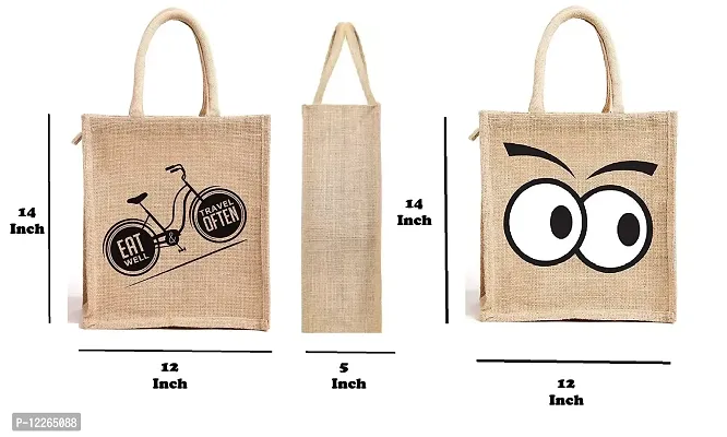 AMEYSON Emoji & Cycle Design Jute Bag with Zip Closure | Tote Lunch Bag | Multipurpose Bag (2)-thumb2