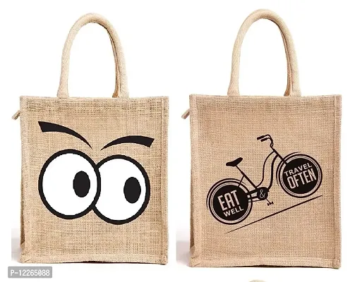 AMEYSON Emoji & Cycle Design Jute Bag with Zip Closure | Tote Lunch Bag | Multipurpose Bag (2)-thumb0