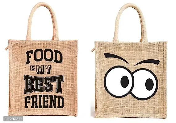 AMEYSON Lunch Time  Emoji Design Jute Bag with Zip Closure | Tote Lunch Bag | Multipurpose Bag