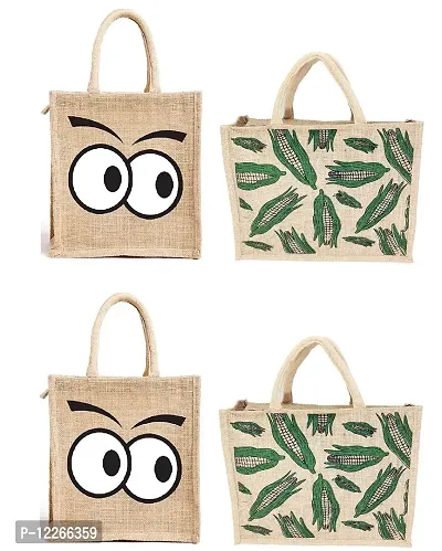 AMEYSON Emoji  Corn Design Jute Bag with Zip Closure | Tote Lunch Bag | Multipurpose Bag
