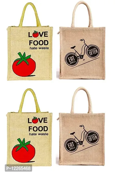 AMEYSON Tomato & Cycle Design Jute Bag with Zip Closure | Tote Lunch Bag | Multipurpose Bag (2)-thumb0